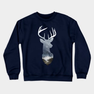 Deer Silhouette in Misty Scotland Forest Wild River Scene Crewneck Sweatshirt